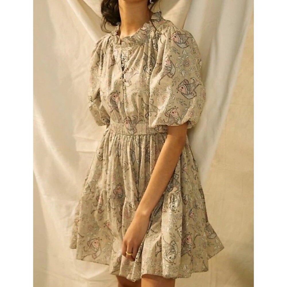 Anthro Let Me Be Celeste Dress Womens 6 Fish Mini Boho Beige Whimsical Fit Flare